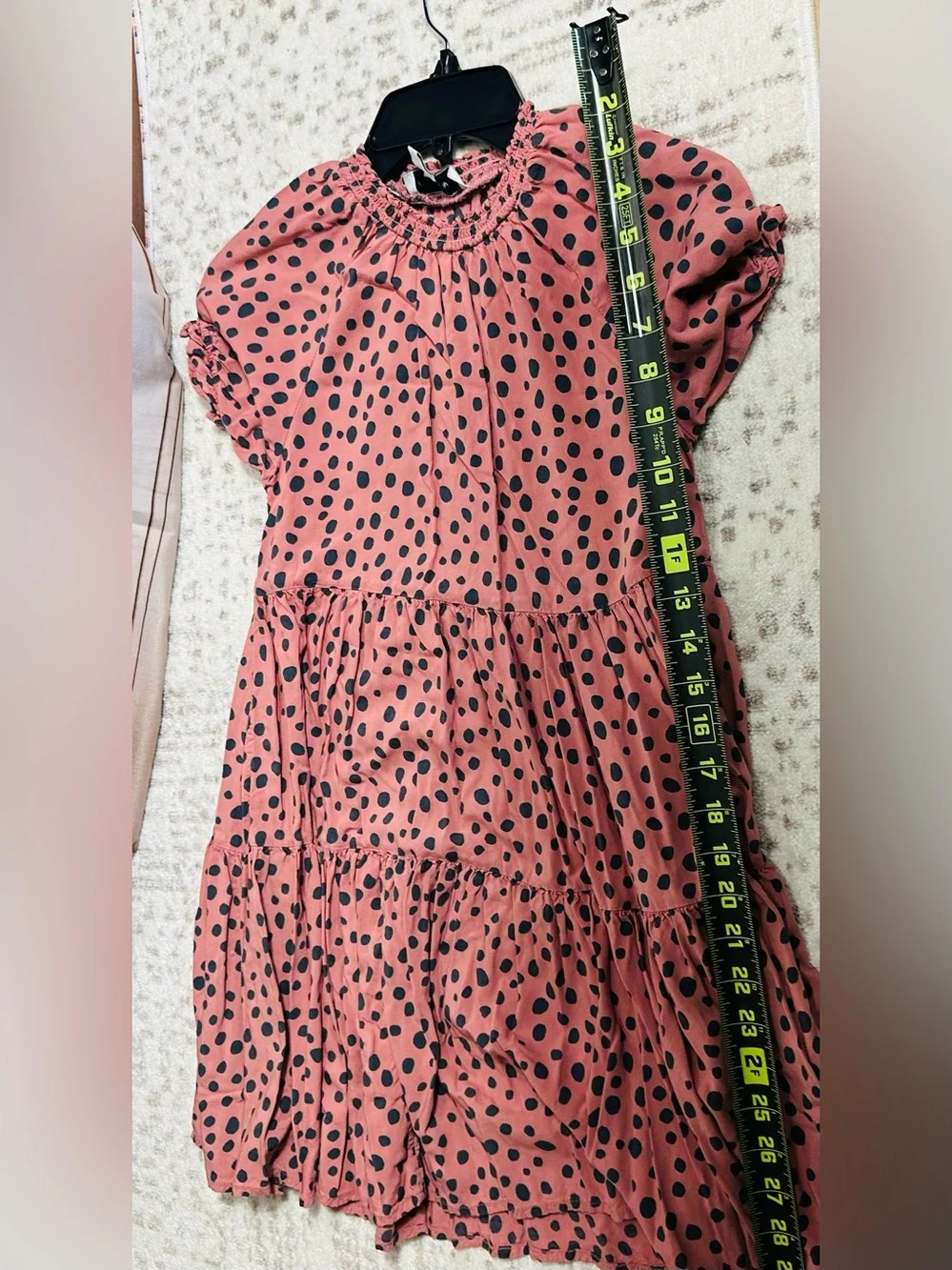 Smocked Neck Pink Polka Dot Tiered Girls Dress